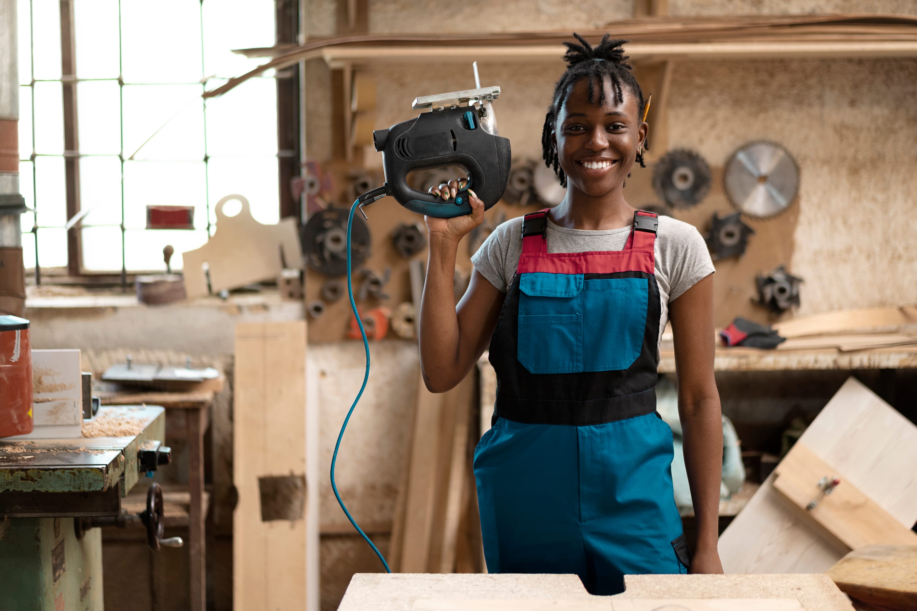African carpenter cutting MDF board inside workshop